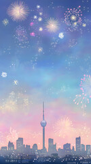 Fototapeta premium Illustrated city skyline with colorful fireworks lighting up the night sky, showcasing a festive atmosphere and vibrant colors