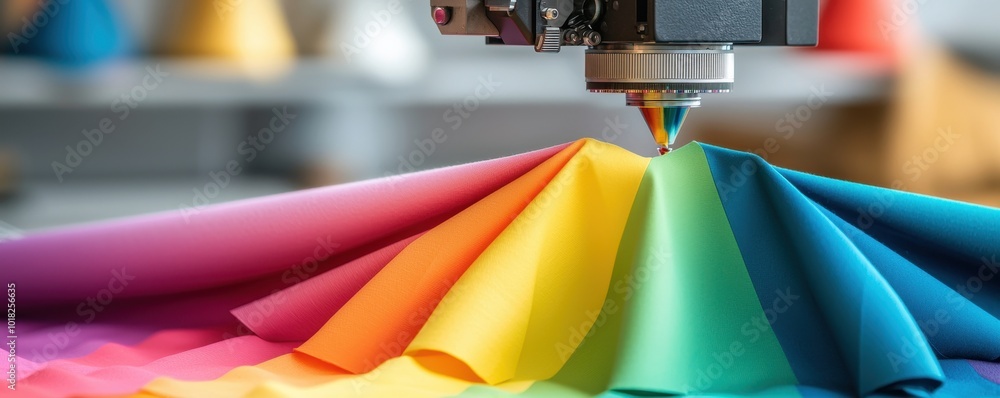 Poster a colorful array of fabric is being intricately crafted by a precision machine, showcasing a blend o