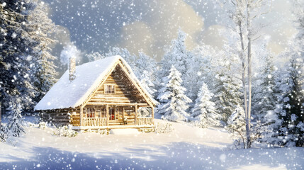 Naklejka premium A cozy log cabin surrounded by snow-covered trees creates a serene winter scene with soft falling snowflakes and a tranquil atmosphere
