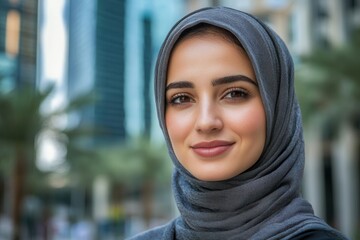 A close-up portrait of a cheerful woman wearing a gray hijab, beautifully framed by an urban cityscape in the background, exuding confidence and warmth, capturing city life essence.