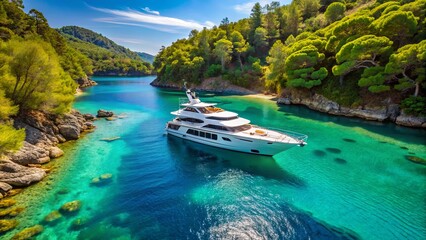 Naklejka premium A white yacht gracefully navigates a secluded cove, its sleek hull cutting through the crystal-clear turquoise water, surrounded by lush, verdant hillsides.