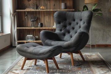 Timeless dark gray linen armchair with footstool, buttoned back, and detailed legs in a modern home interior.