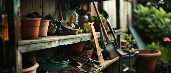Sunlit garden shed brimming with terra cotta pots, spades, and lush greenery, embodying the serene charm of a gardener's haven.