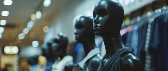 Mannequins in polished blacks stand with silent poise in a fashion store, casting shadows against a backdrop of stylish garments and soft lighting.