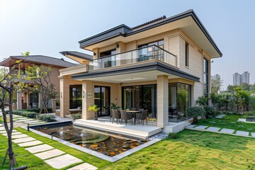 Fototapeta premium Modern two-story villa with beige walls and outdoor dining area, surrounded by green lawns and water features in Lianyungang City, China.