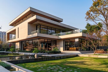 Fototapeta premium Modern two-story villa with beige walls and outdoor dining area, surrounded by green lawns and water features in Lianyungang City, China.