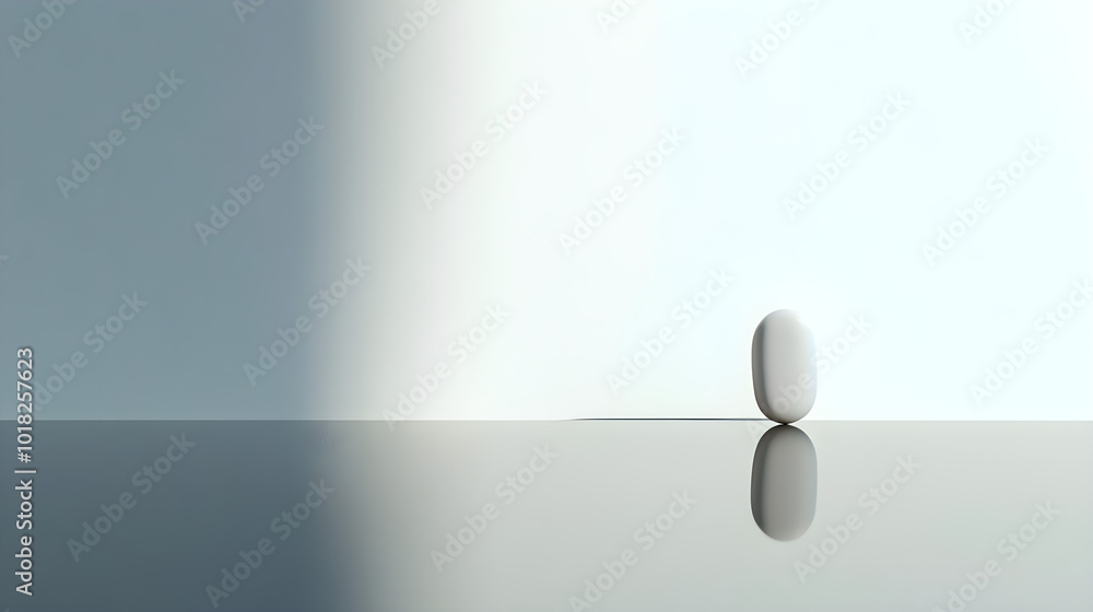 Aufkleber a minimalist image showcases a single white pill resting on a reflective surface against a softly li