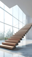 Obraz premium A minimalist indoor staircase made of glass and wood enhances modern architecture with clean lines and natural light streaming through large windows