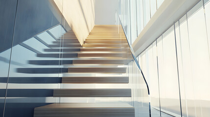 Minimalist indoor staircase features sleek glass and wooden elements reflecting modern design aesthetics and elegance