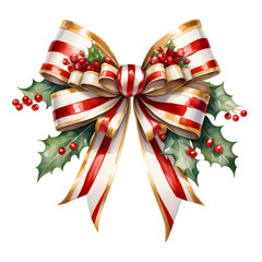 A watercolor painting of a Christmas bow with holly sprigs, isolated on a white background.