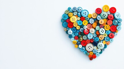 Close-up of tiny, colorful buttons forming a heart pattern on a smooth white background.
