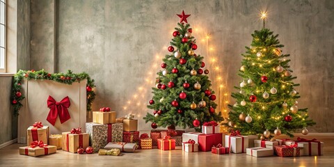 A festive arrangement of two adorned Christmas trees with twinkling lights, surrounded by a collection of wrapped presents beneath, adding a touch of merriment to the holiday season.