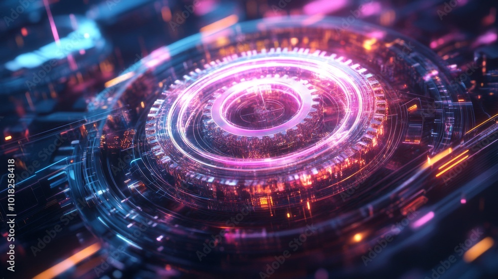 Poster abstract digital technology interface with glowing circular elements
