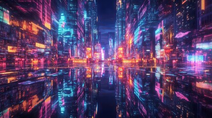 Fototapeta premium Neon-lit futuristic cityscape reflected in water