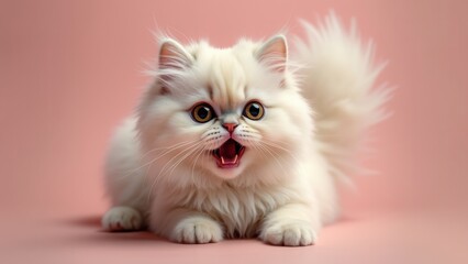 A fluffy white kitten with large expressive eyes lies on a soft pink surface, playfully engaging with its environment. The scene captures the kittens lively spirit and adorable features, evoking joy a