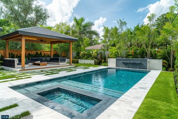 Modern Miami Backyard with Pool, Patio, and Grassy Area, Wooden Fence, Gazebo, and Water Fountain