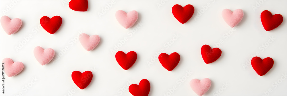 Poster minimalistic red and pink hearts scattered across a white background creating a gentle and romantic 