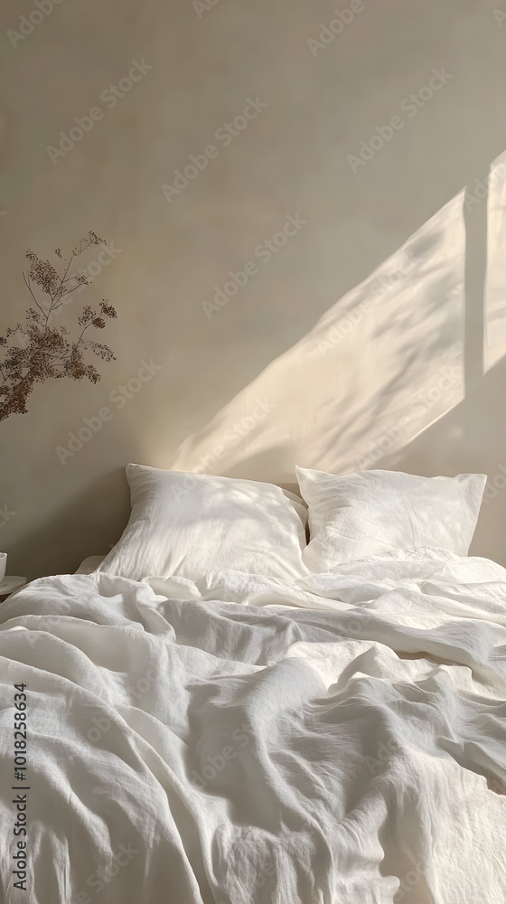 Poster a minimalistic white bed is adorned with crisp linens against a softly lit wall, creating a serene a
