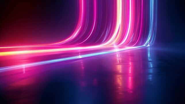 Neon Light Streaks on Black Background, Colorful Curved Lines, Futuristic Digital Art Concept