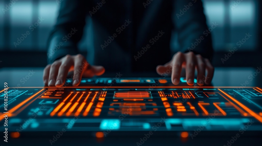 Poster close-up of hands on futuristic control panel with glowing interface.