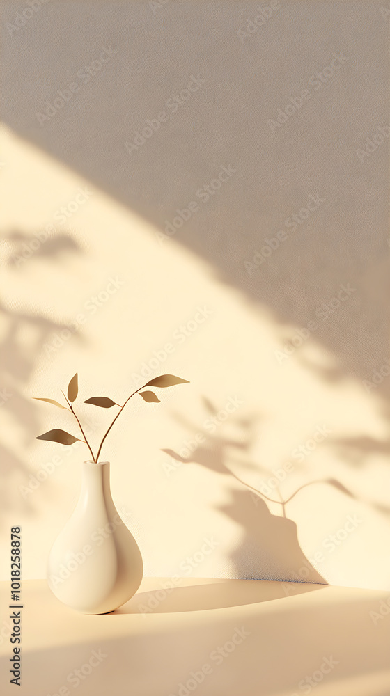 Poster minimalistic white ceramic vase with delicate leaves casting soft shadows on a pastel-colored backgr