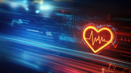 Cloud icon with a heartbeat line glowing on a futuristic, tech-driven background, symbolizing digital health solutions
