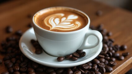 Fototapeta premium A beautifully crafted latte sits in a white cup on a rustic wooden table. The creamy beverage features intricate latte art, while roasted coffee beans are spread around the cup, enhancing the coffeeho