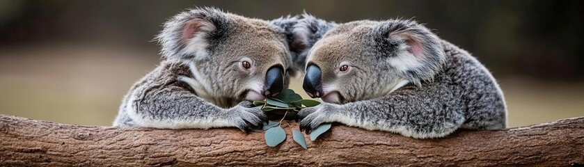Obraz premium Two koalas sharing a eucalyptus tree branch, peacefully munching on leaves together