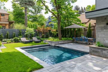Small Backyard with Pool, Patio Furniture, and Tree Garden on Concrete Pavers