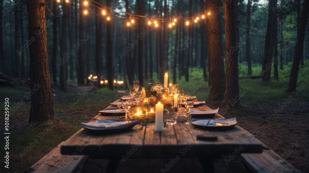 Poster candlelit dinner table set in a forest with string lights
