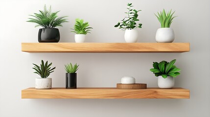 A 3D render of an oak floating shelf decorated with plants and minimalist objects, relaxing atmosphere.