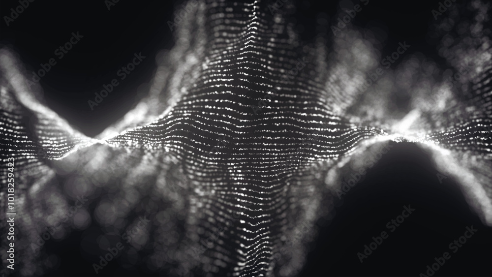 Poster futuristic particle wave. abstract technology background. rotating swirling particle shapes. dark ba