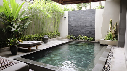 Private plunge pool nestled amidst lush exotic plants creates a serene and tranquil retreat for relaxation and rejuvenation