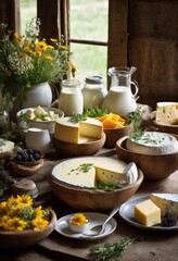 visually appealing presentation fresh dairy products arranged rustic wooden bowls highlighting texture freshness, artisan, cheese, milk, creamy, yogurt