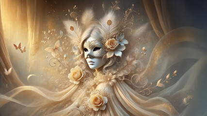 Portrait of an elegant and sophisticated figure in a masquerade ball setting, adorned with a delicate mask decorated with feathers and flowers in soft colors.