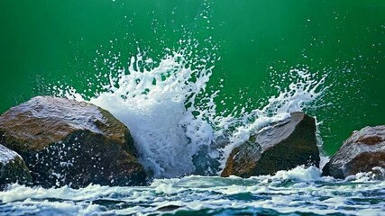 Ocean Wave Crashing on Rocks: Dramatic splash of ocean wave against rocks with green background 