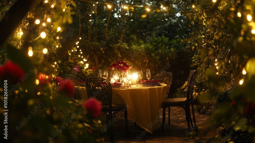 Poster romantic dinner table set in a garden with string lights