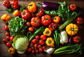 vibrant colorful vegetable flat lay arrangement rustic natural wood table displaying fresh produce organic ingredients, asparagus, beet, bell, pepper