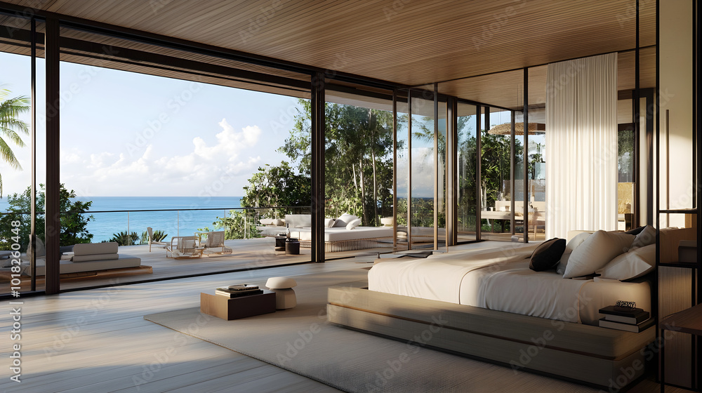 Poster spacious master suite featuring a king-size bed with large windows offering an ocean view and lush g