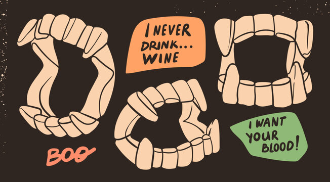 Vampire plastic Jaws. Fake Dracula teeth with fangs. Hand drawn modern Vector illustration. Isolated design elements. Halloween party, costume, decoration, kids toy concept