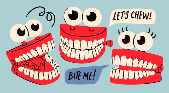 Jumping chattering Teeth set. Cute funny characters. Clockwork toy with eyes and teeth. Hand drawn trendy Vector illustration. Isolated design elements. Icon, poster, logo, print, sticker template
