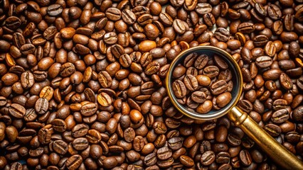 Zoomed-in on coffee beans, the magnifying glass highlights their luxurious texture and sheen, capturing the captivating details that contribute to