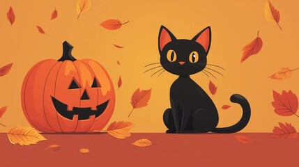 A black cat sits in front of a pumpkin with a smile on its face