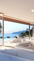 Fototapeta premium Spacious open-plan living area features modern white furnishings with a stunning view of the ocean and mountains in the background