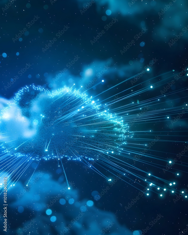 Poster futuristic data cloud fiber optic network representing high speed data transmission in cloud computi
