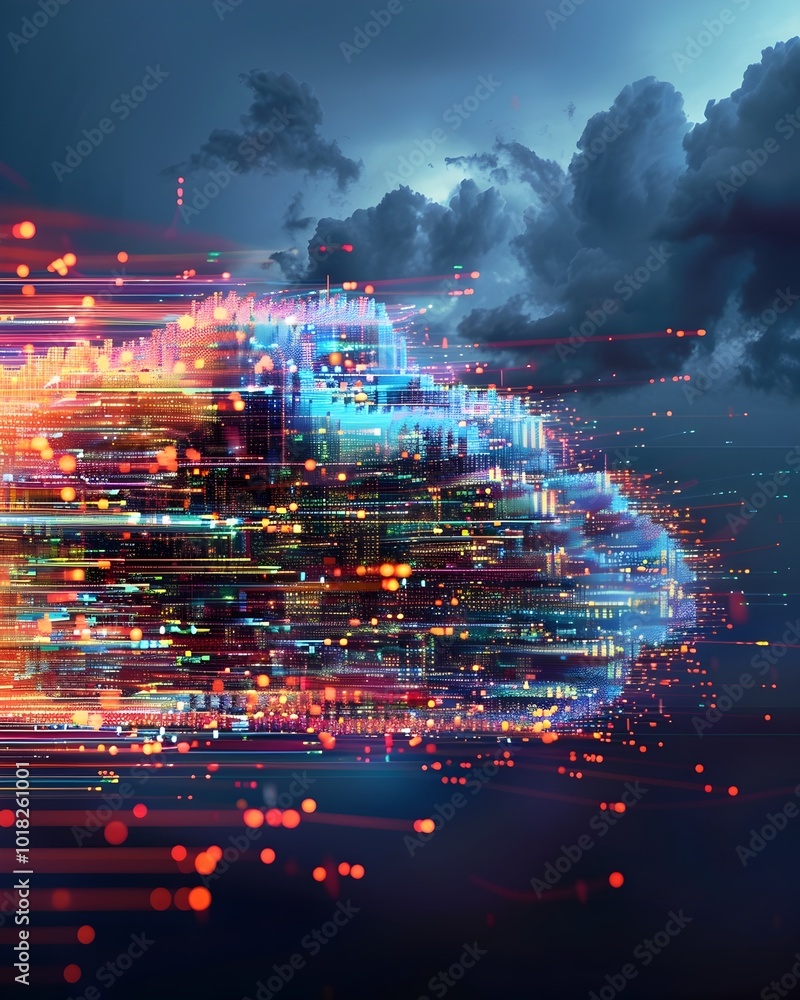 Poster colorful pixel cloud data streams symbolizing dynamic cloud computing concept