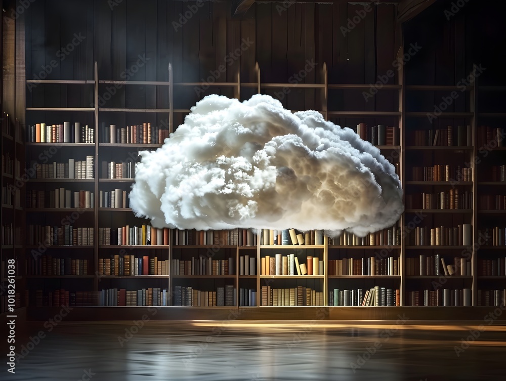 Poster surreal cloud library digital data storage concept in floating bookshelf design