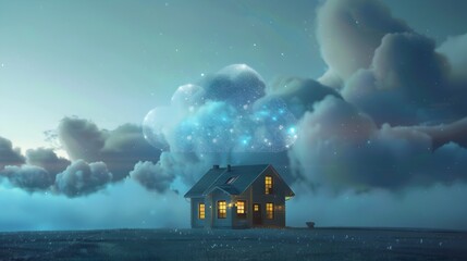 Ethereal Cloud Shaped Smart Home Interface Floating in Moody Night Sky