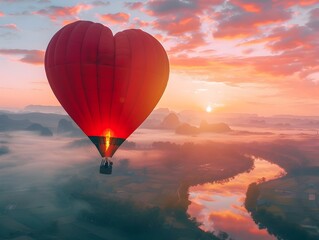 Obraz premium Heart Shaped Hot Air Balloon Soaring Over Picturesque Landscape at Sunrise Couple Embracing in Basket