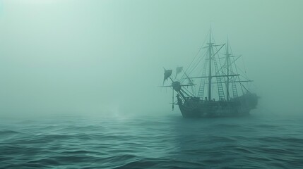Obraz premium Ghostly Abandoned Ship Drifting on a Foggy Sea Symbolizing the Journey into the Unknown